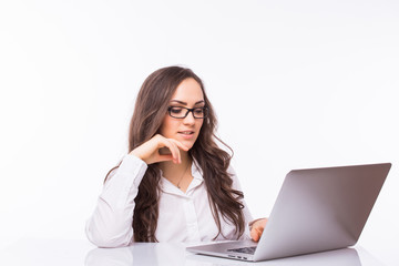 Laptop woman. Business Woman  with glasses using laptop computer pc. Isolated on white background.