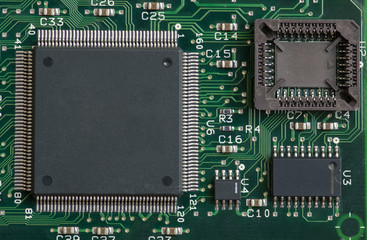 Printed circuit board with electronic components. Computer and networking communication technology concept.