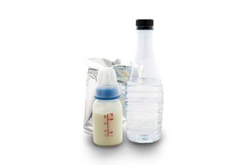 Baby milk in bottle ,  powder milk package,and water for baby,on