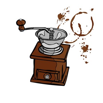 Coffee grinder. Stains of coffee. Splashes of coffee.