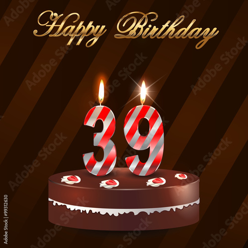 "39 year Happy Birthday Card with cake and candles, 39th birthday