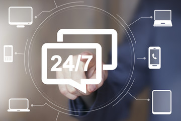 Businessman push icon button 24 hours service cloud computer media
