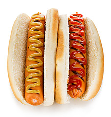 Big tasty appetizing Hot dogs close-up isolated on a white background. Fastfood.