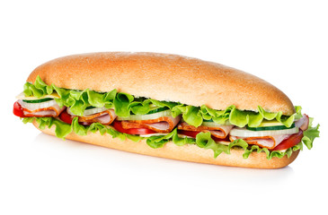 Big tasty sandwich close-up isolated on a white background.