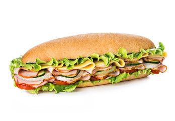 Big tasty sandwich close-up isolated on a white background.