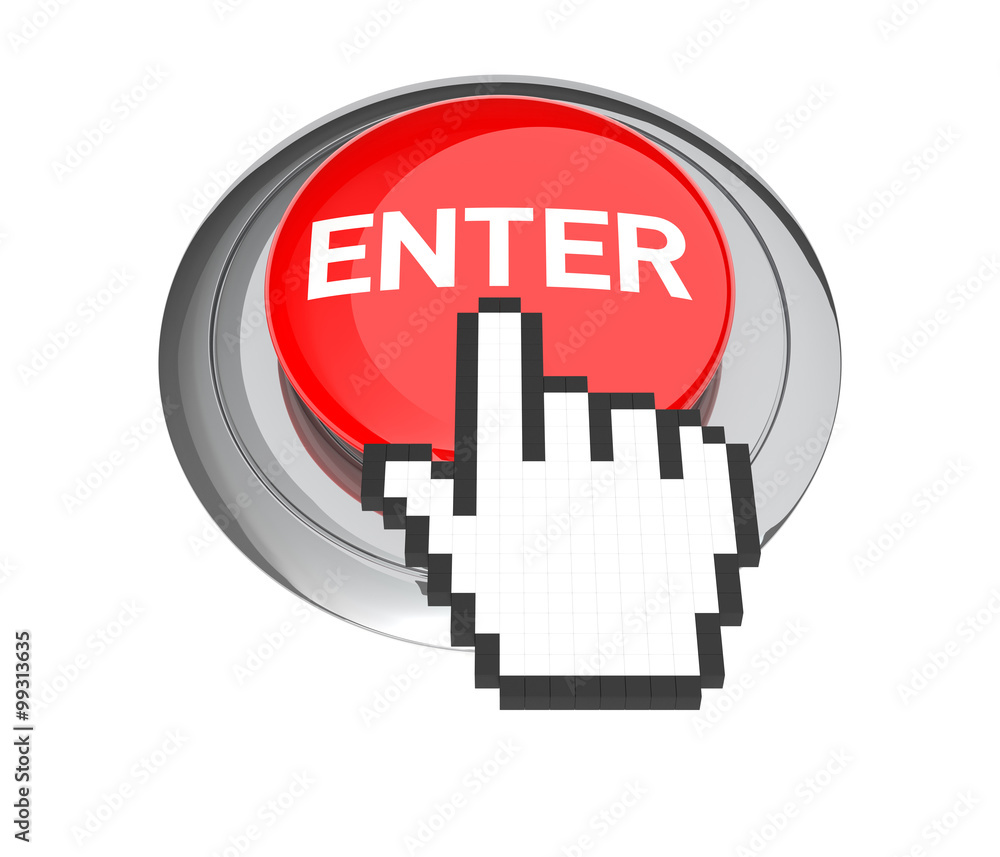Poster mouse hand cursor on red enter button. 3d illustration.