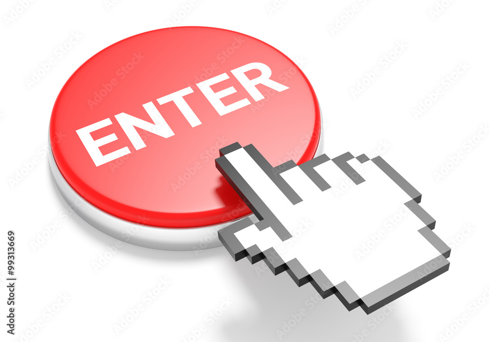Poster mouse hand cursor on red enter button. 3d illustration.