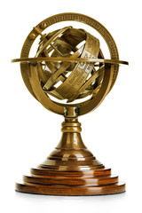 Obraz premium Old vintage brass model of the solar system isolated on white background. Astronomical device. Vintage gear.