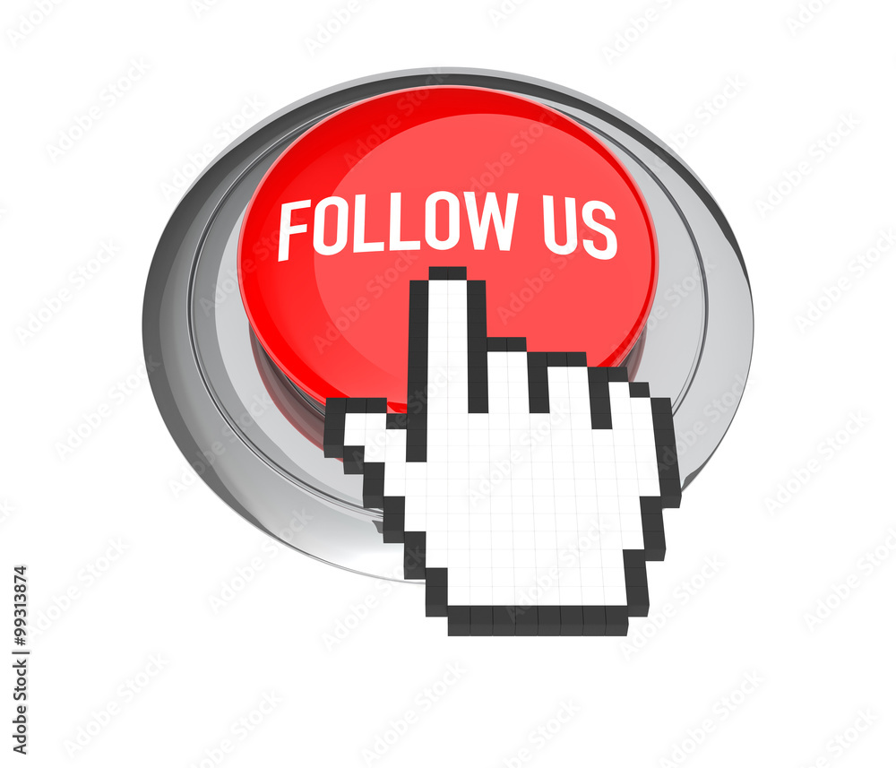 Poster mouse hand cursor on red follow us button. 3d illustration.