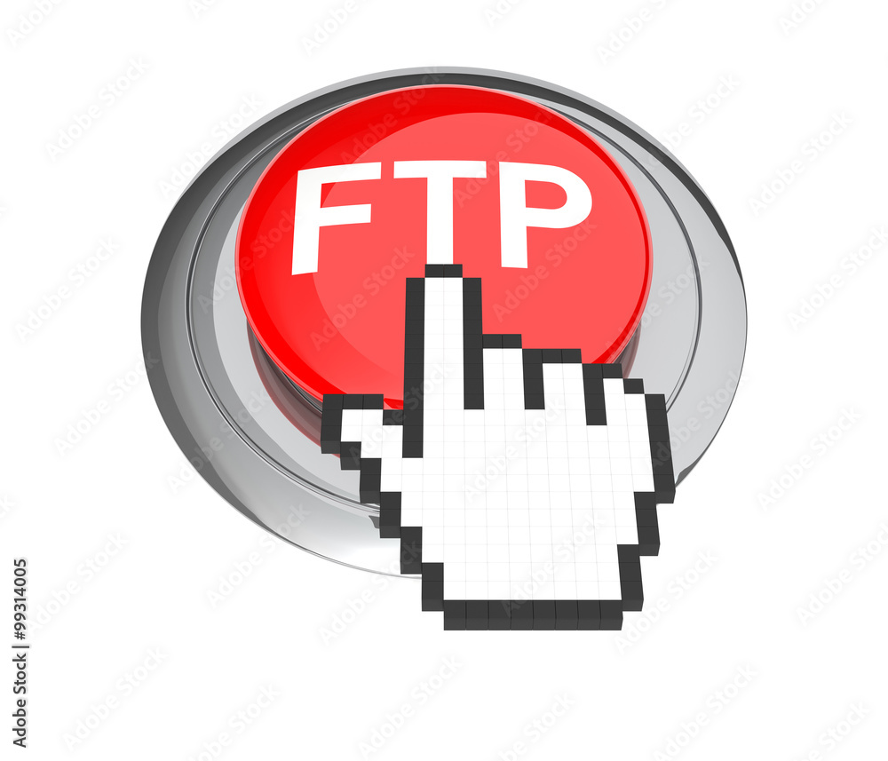 Poster mouse hand cursor on red ftp button. 3d illustration.
