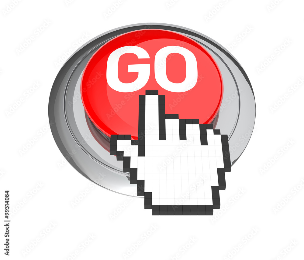 Poster mouse hand cursor on red go button. 3d illustration.