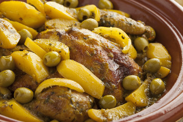 Moroccan tajine with chicken,pototoes and olives