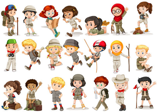 Girls and boys in camping costume