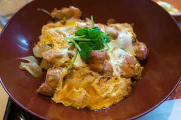Japanese food, a bowl of rice topped with chicken and eggs