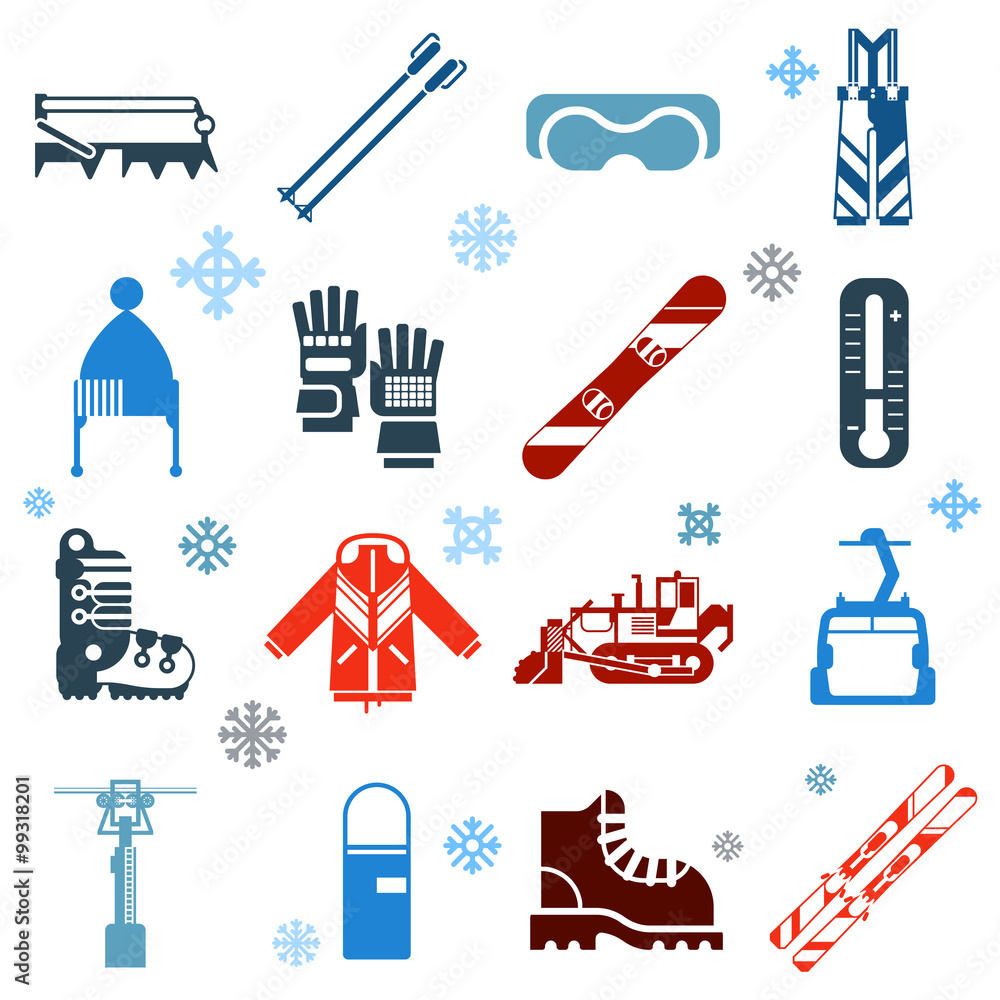 Wall mural Flat Monochrome Skiing Icons With Snowflakes 