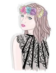 Young girl  with flower crown. Fashion illustration.