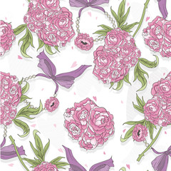 Seamless pattern with rose flowers, hearts and jewelry. Floral b