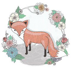 Cute little fox illustration. Flower frame.