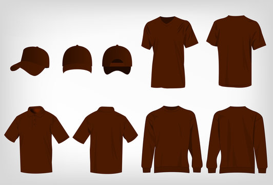 Sport brown t-shirt, sweater, polo shirt and baseball cap isolated set vector