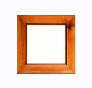 Orange square wooden picture frame isolated on white background.
