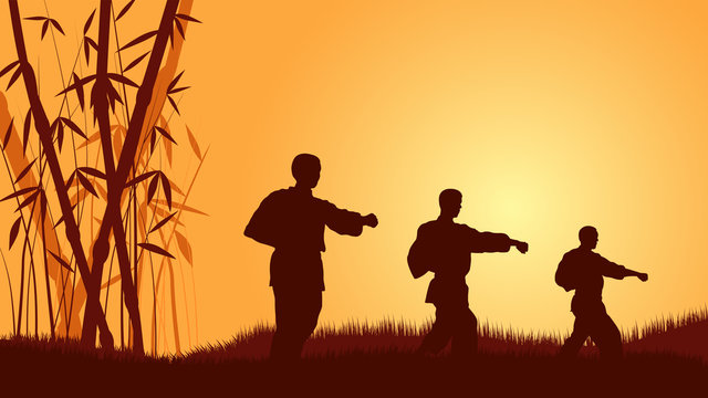 Three men demonstrate Karate on a background a calling sun.