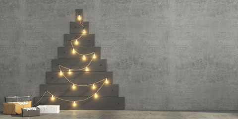 Christmas tree made of gray painted planks