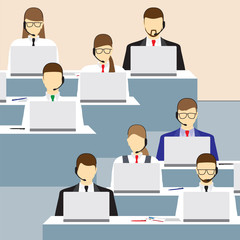 Men and women working in a call center. Support service.