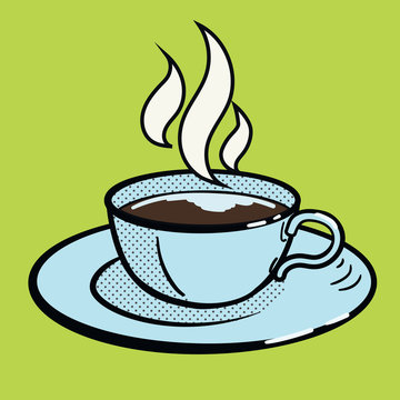 steaming coffee cup on saucer, pop art clip art preview