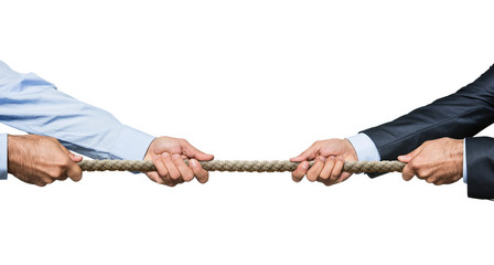 Tug war, two businessman pulling rope in opposite directions - obrazy, fototapety, plakaty
