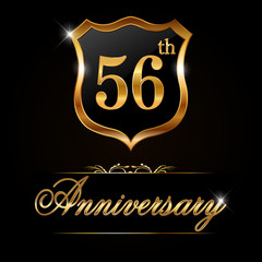 56 year anniversary golden label, 56th anniversary decorative golden emblem - vector illustration