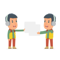 Funny Character Winter Citizen holds and interacts with blank fo