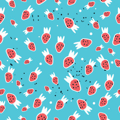 Cute hand dawn strawberry on colorful blue background seamless pattern