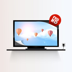 Vector lcd or plasma flat tv. Icon isolated over white background. Blue sky and clouds on the display with reflection.
