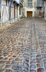 Fototapeta na wymiar wet cobbled street in old town of Troyes, France.