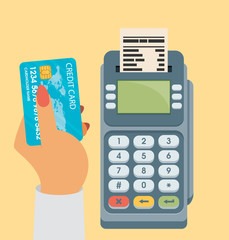 Credit card and pos terminal. Vector flat illustration