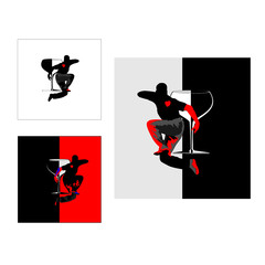 Векторная иллюстрация c бокалом вина, черного и красного, мужчина, прыжок, белый и черный. Кубок