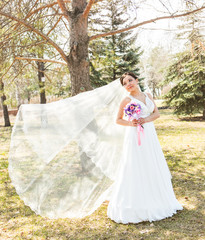Fototapeta premium young brunette bride in the park on nature with a flowing veil.