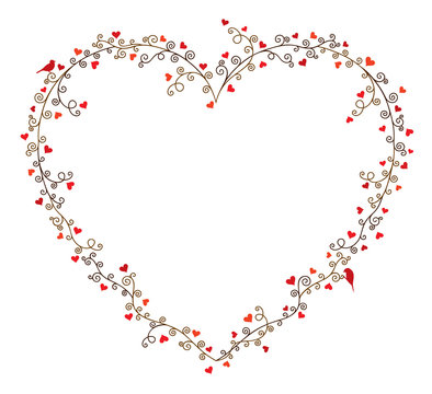 Valentine's day vector frame for text, composition of curly tree branches with many hearts and two birds on white background. 