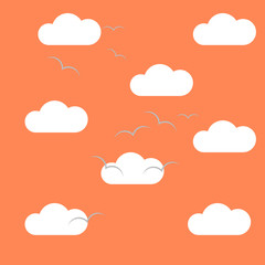 Clouds in the sky with the birds. Vector  orange background, texture, pattern