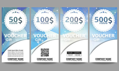 Set of modern gift voucher templates. Colorful triangle design, abstract vector background