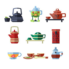 Tea Cup and Kettle Set. Flat Vector Illustration