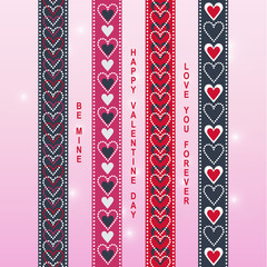 Valentine ribbon washi tape scrapbook items in red, pink, white and Prussian blue colors with light pink gradient background.