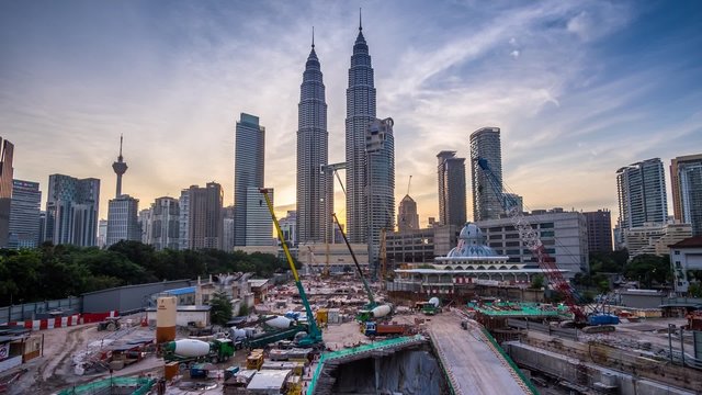 KUALA LUMPUR, MALAYSIA - AUGUST 28 2015: New Development Project With Petronas Twin Towers View During Sunset