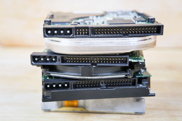 Stack of hard drives with selective focus