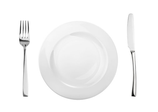 Empty plate, fork and knife isolated on white, without shadow