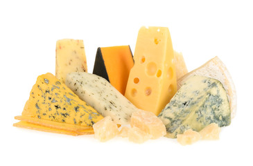 Various types of cheese isolated on white