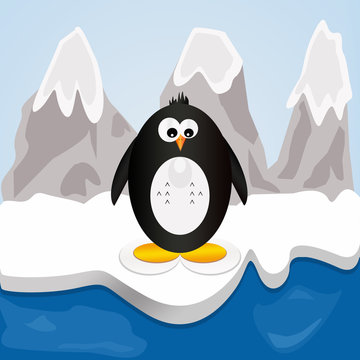 Pinguino sulla sponda del mare ghiacciato con dietro le montagne 