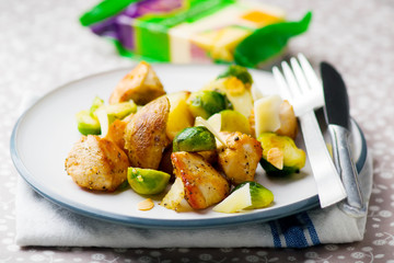 fried chicken fillet with Brussels sprout