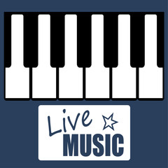 Vector illustration of black and white keys on a piano or synthesizer keyboard with an added text box promoting Live Music