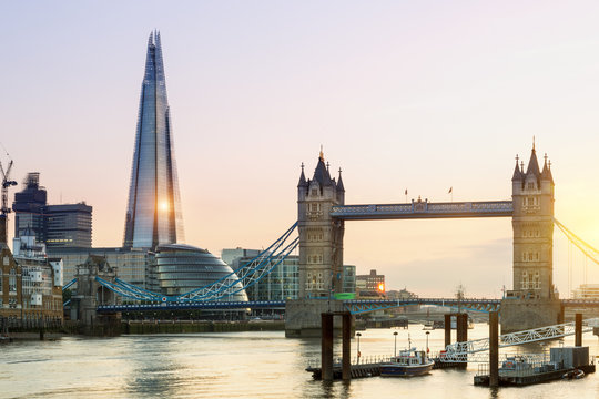 London, the Shard and Tower bridge at sunset
